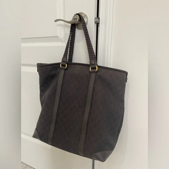 Gucci Chocolate Denim Monogram Tote Bag W/Braided Handles and Tassels - Picture 2 of 15
